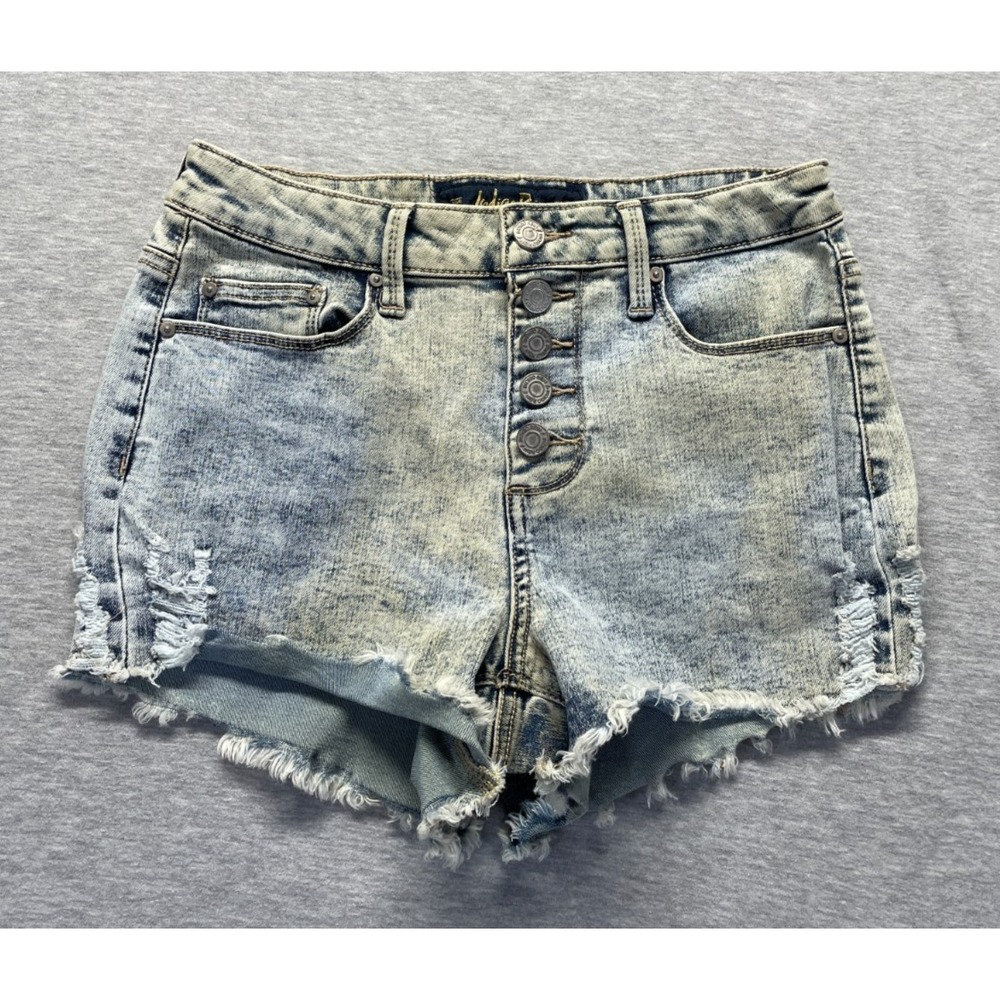Indigo Rein Cut Off Shorts Women's 7 Blue Denim Acid Wash Frayed Hem Button Fly